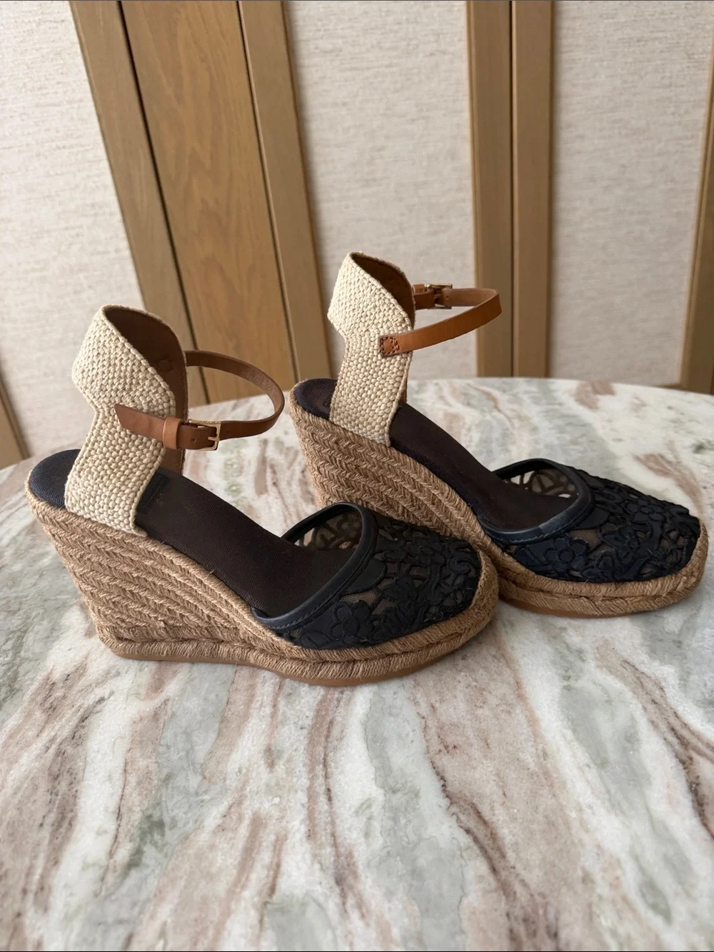 Women’s Wedge Sandals with Navy Lace Upper and Tan Espadrille Heel